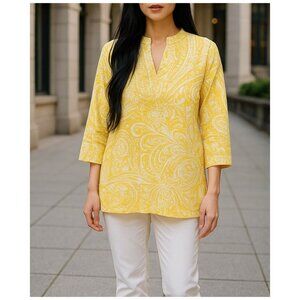 Chico's Linen Paisley Embellished Tunic Top in Yellow & White Women's Size L/12